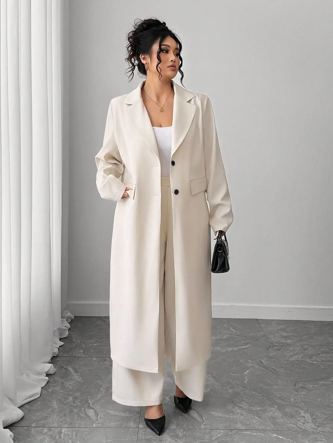 Elenzga Plus Size Women's Long Blazer & Wide Leg Pants Suit Set, Apricot Color, Elegant Lapel Design - Image 4