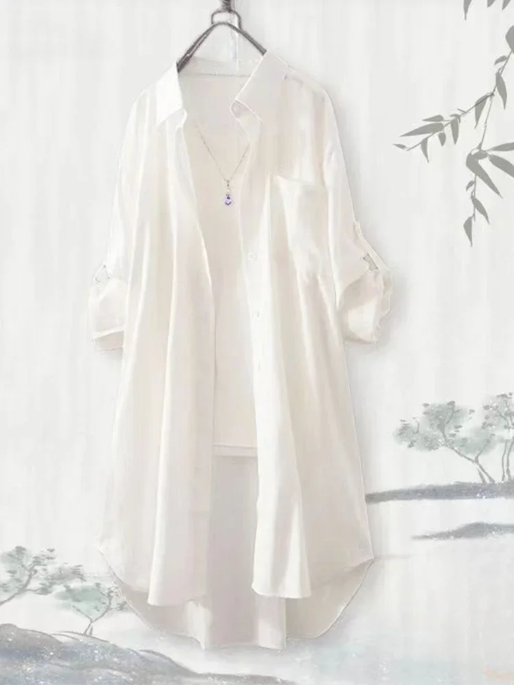 Plus Size Loose Breathable Blouses Midi Shirt Korean Casual Autumn Shirts Women Simple Solid Female Long Sleeved Shirts - Image 3