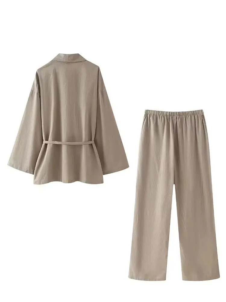 HH Women Loose Wide Leg Pant Set Fashion Lapel V Neck Long Sleeve Thin Blazer Coat With Belt 2024 Summer Ladies Solid Suit - Image 6