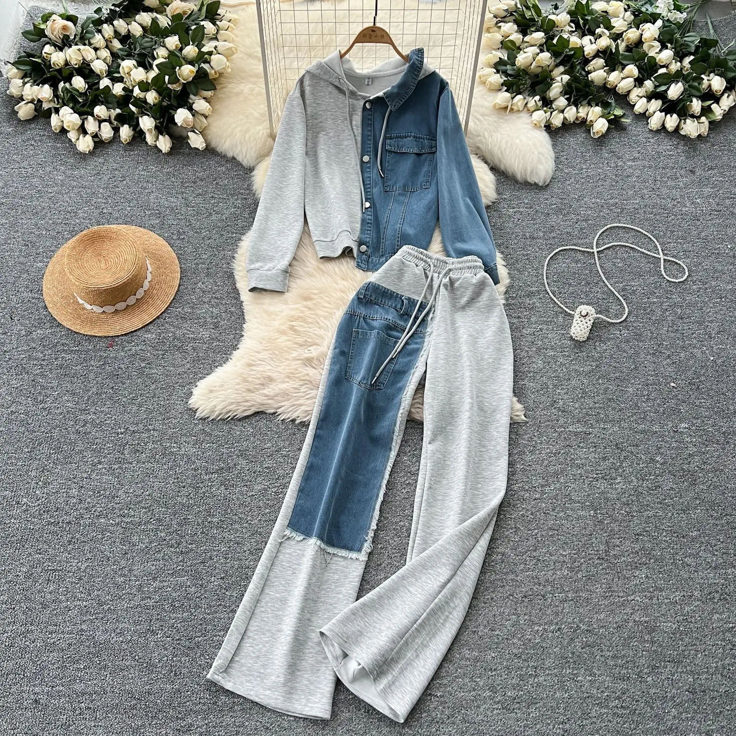 Pant Set Women Two Piece Sets Hooded Matching Sets Casual Loose Tops Wide Leg Long Pants Elastic Waist Lace Up Splice Denim 2025
