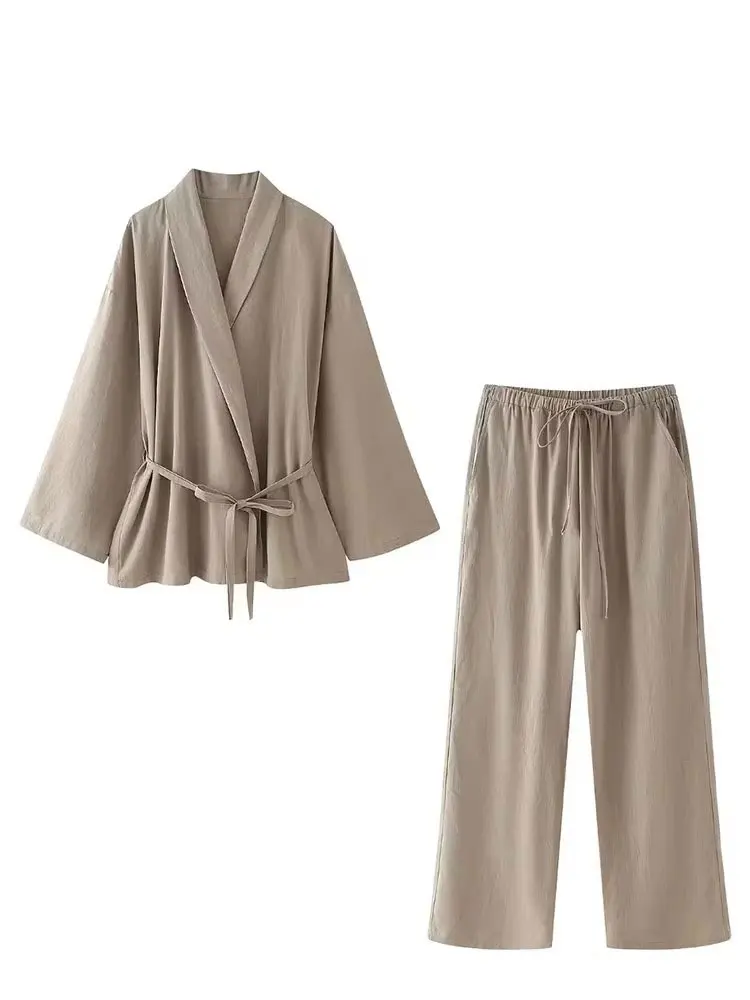 HH Women Loose Wide Leg Pant Set Fashion Lapel V Neck Long Sleeve Thin Blazer Coat With Belt 2024 Summer Ladies Solid Suit - Image 5