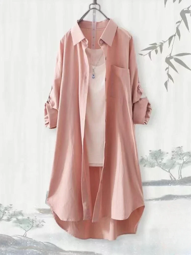 Plus Size Loose Breathable Blouses Midi Shirt Korean Casual Autumn Shirts Women Simple Solid Female Long Sleeved Shirts