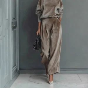 Autumn Winter Fashion High Collar Gold Velvet Long Sleeve Women's Suit Casual Sports Wide Leg Trousers Female Office 2 Piece Set