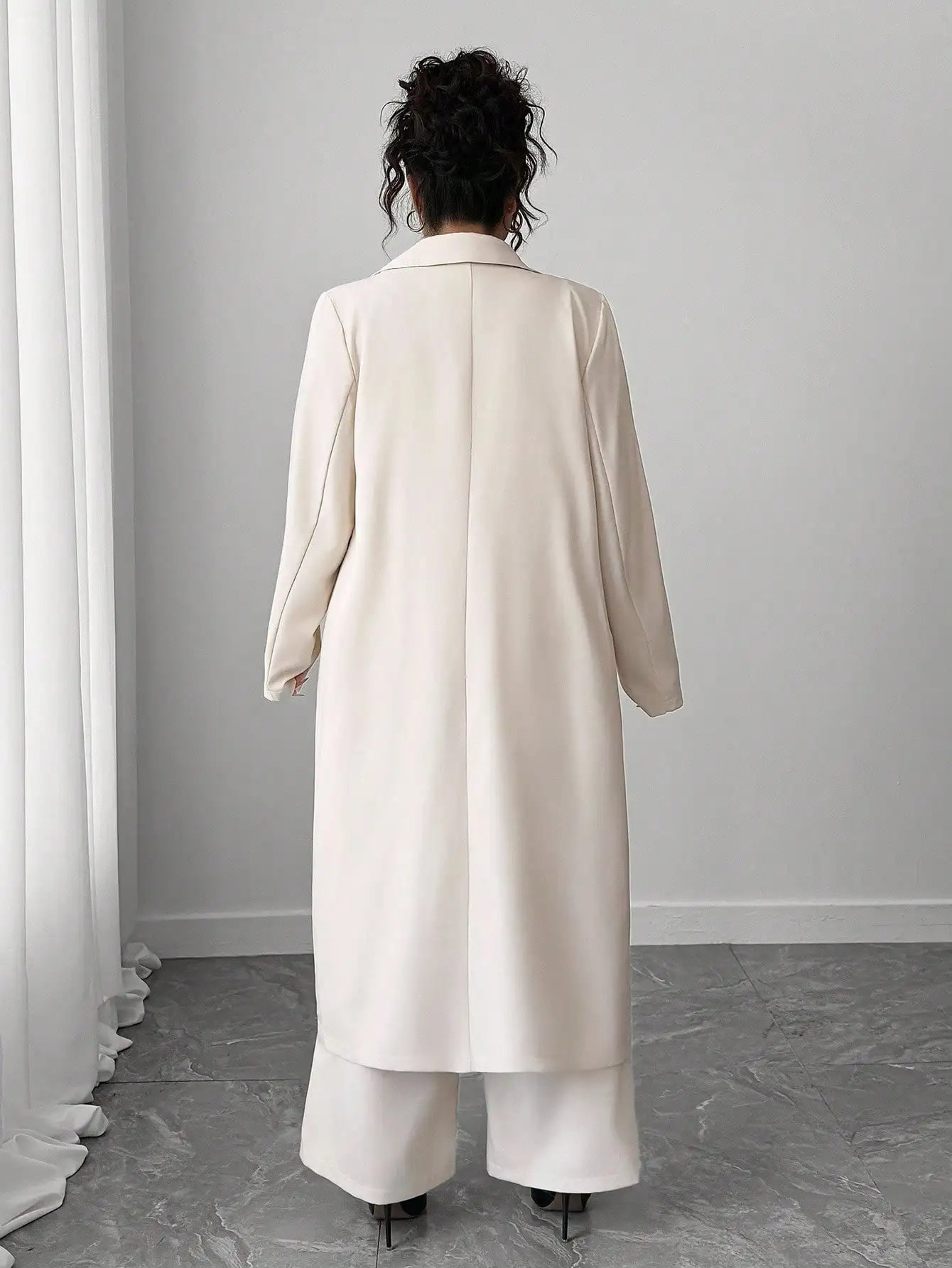 Elenzga Plus Size Women's Long Blazer & Wide Leg Pants Suit Set, Apricot Color, Elegant Lapel Design - Image 2