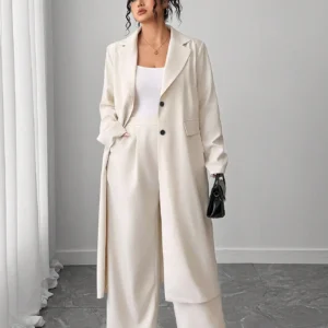 Elenzga Plus Size Women's Long Blazer & Wide Leg Pants Suit Set, Apricot Color, Elegant Lapel Design