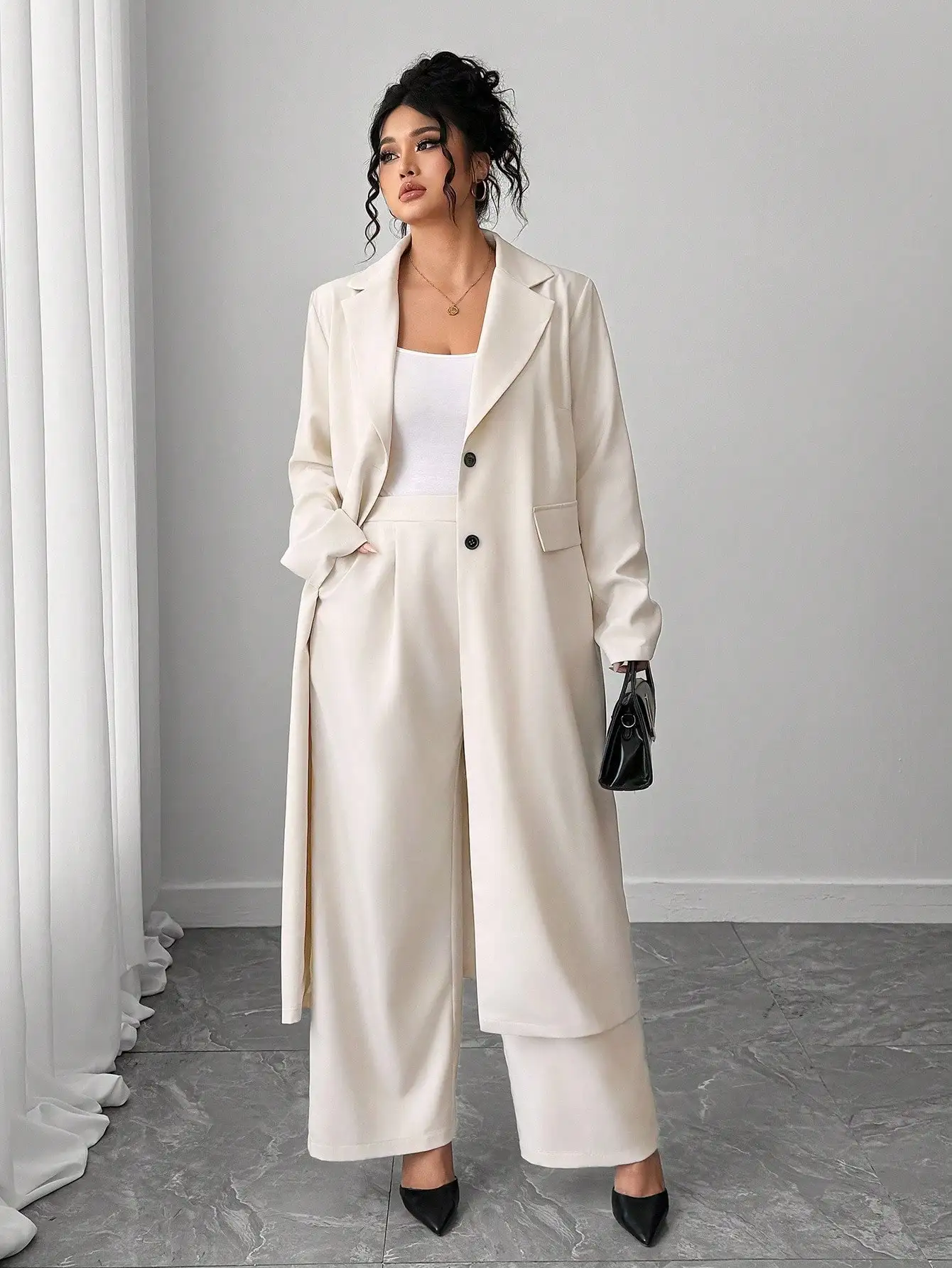 Elenzga Plus Size Women's Long Blazer & Wide Leg Pants Suit Set, Apricot Color, Elegant Lapel Design