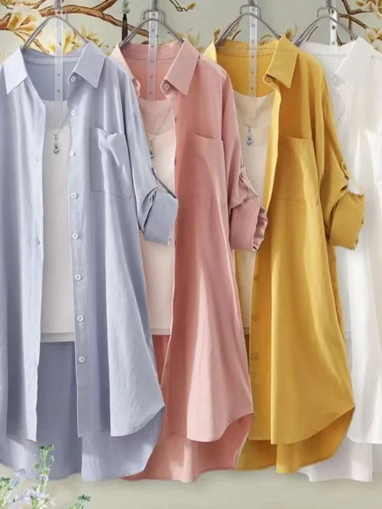 Plus Size Loose Breathable Blouses Midi Shirt Korean Casual Autumn Shirts Women Simple Solid Female Long Sleeved Shirts - Image 6