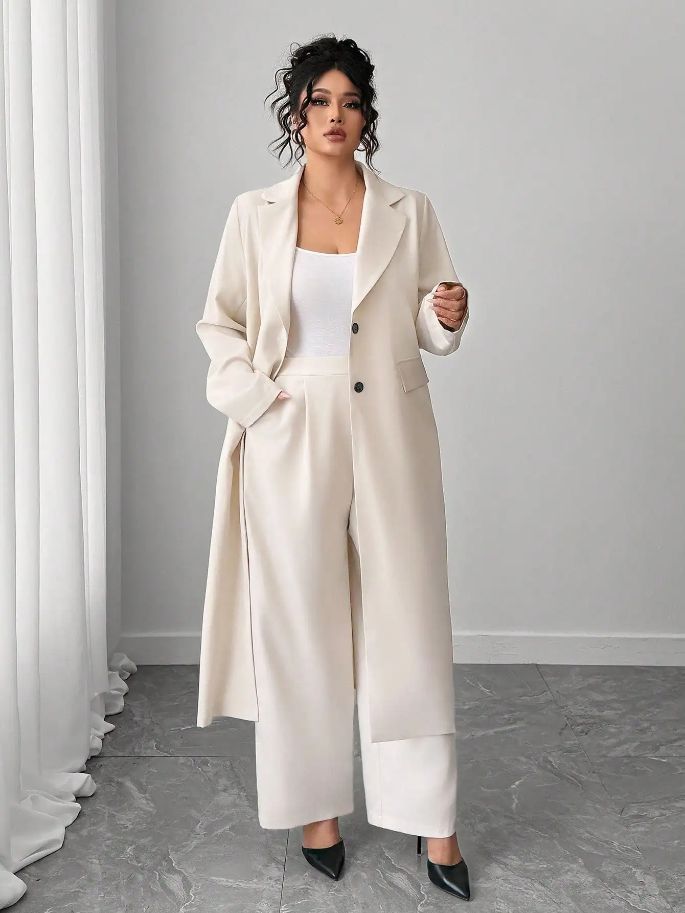 Elenzga Plus Size Women's Long Blazer & Wide Leg Pants Suit Set, Apricot Color, Elegant Lapel Design - Image 3