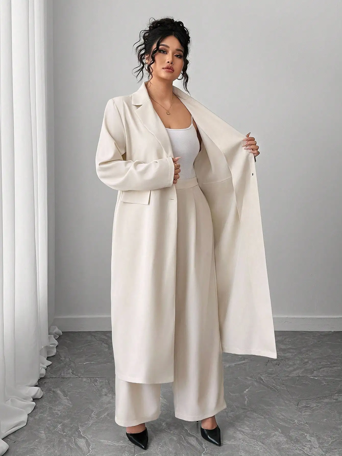 Elenzga Plus Size Women's Long Blazer & Wide Leg Pants Suit Set, Apricot Color, Elegant Lapel Design - Image 6