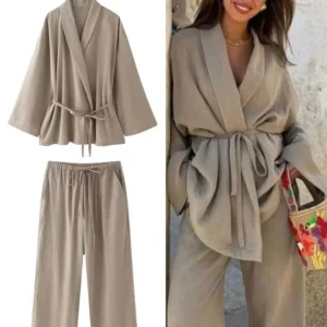 HH Women Loose Wide Leg Pant Set Fashion Lapel V Neck Long Sleeve Thin Blazer Coat With Belt 2024 Summer Ladies Solid Suit