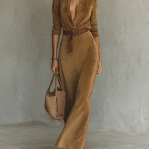 UOOZEE Women's Minimalist Solid Color Belted Lapel Shirts Dress Long Sleeves Split-Joint High Waisted Casual Office Maxi Dresses