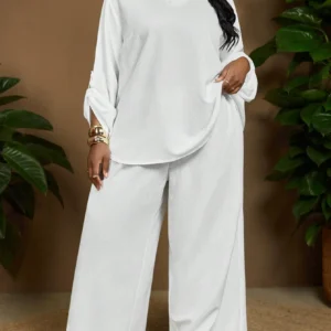 Plus Size Solid White Cuffed Sleeve Shirt & Wide Leg Pants Set, Loose Fit Casual Two-Piece Outfit