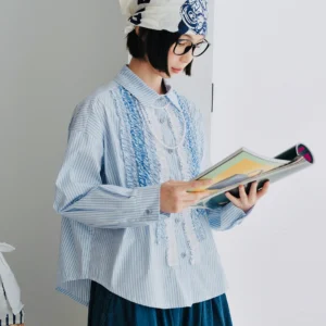 imakokoni 2024 Autumn New Japanese Vertical Stripe Color blocked Lace Long sleeved Shirt for Women 244738