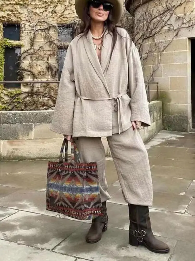 HH Women Loose Wide Leg Pant Set Fashion Lapel V Neck Long Sleeve Thin Blazer Coat With Belt 2024 Summer Ladies Solid Suit - Image 3