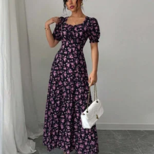 Women's Summer Maxi Dress Elegant Casual Puff Sleeve Square Neck Black Floral Print Long Evening Gown for Women