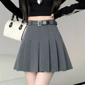 Women's High Waist Gray Pleated Skirt Summer New Preppy Style Slim Fit A-line Skirts Woman Solid Color Casual Student Mini Skirt