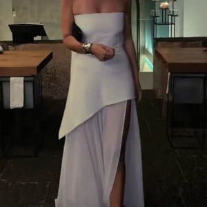 Summer New Women Dresses Streetwear Fashion Ribbon Zippers Split Maxi Dress Solid Sexy Sleeveless Strapless Lady Dress Clothing