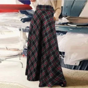 Women's High Waisted Plaid Maxi Skirt Casual Loose A-Line Long Skirt Elegant Checkered Swing Skirt with Pockets