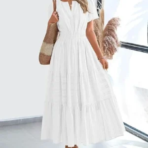 Summer Solid Color V-neck Tight Waist Dress French Style Elegant Pleated Large Swing Long Dress Casual Vacation Style Slimming M
